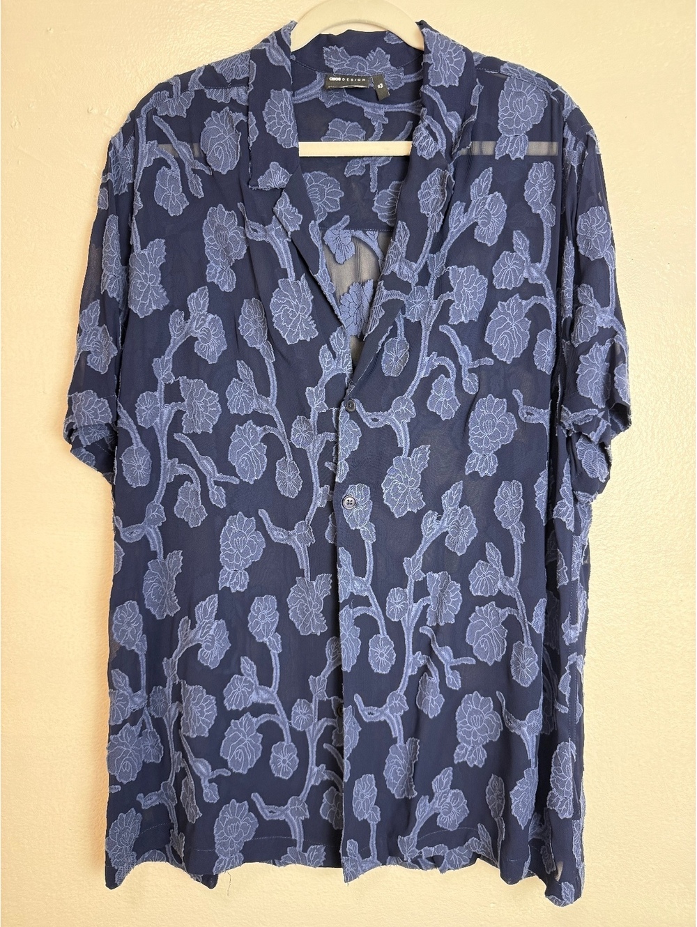 ASOS DESIGN Men’s XL Long Navy Blue Floral Embroidered Sheer Camp Collar Shirt